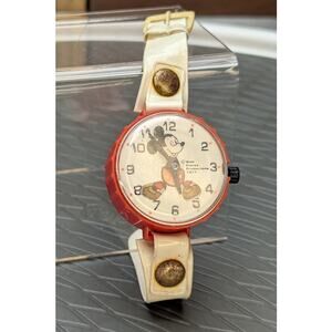 Vtg Durham Mickey Mouse Plastic Toy Watch White Strap Red Bezel Nostalgia Retro